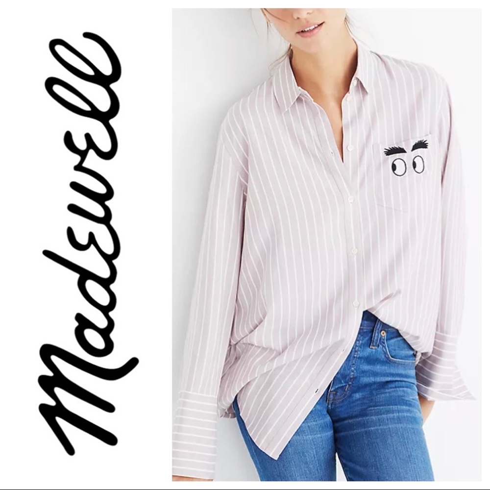 Madewell Pink and White Striped Button-Down Shirt with Eyebrow Pocket Detail